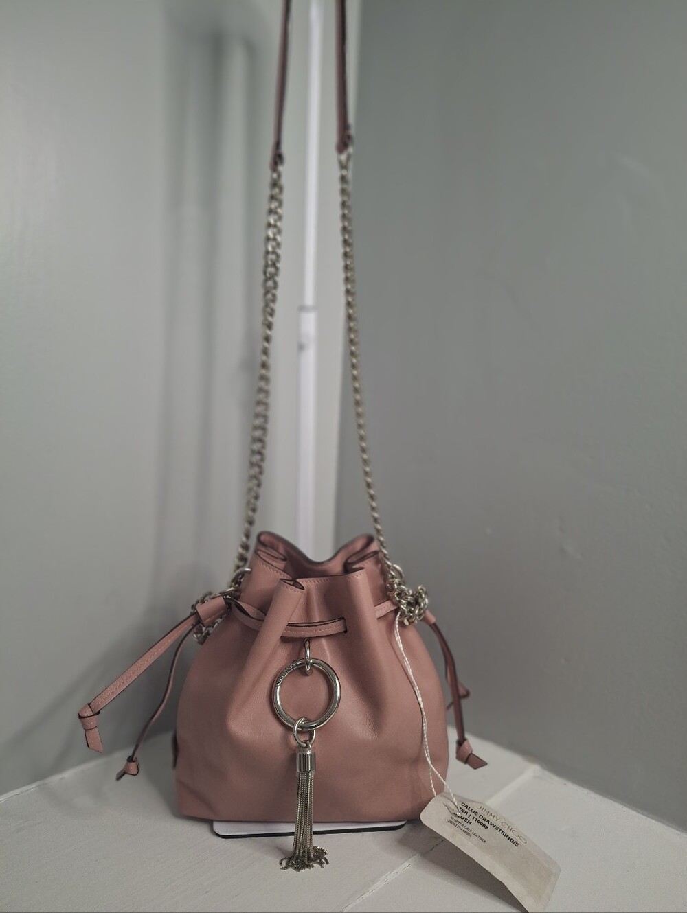 Jimmy Choo Callie Drawstring Bucket Bag NWT COA Blush Calf Leather Made in Italy - Picture 2 of 10
